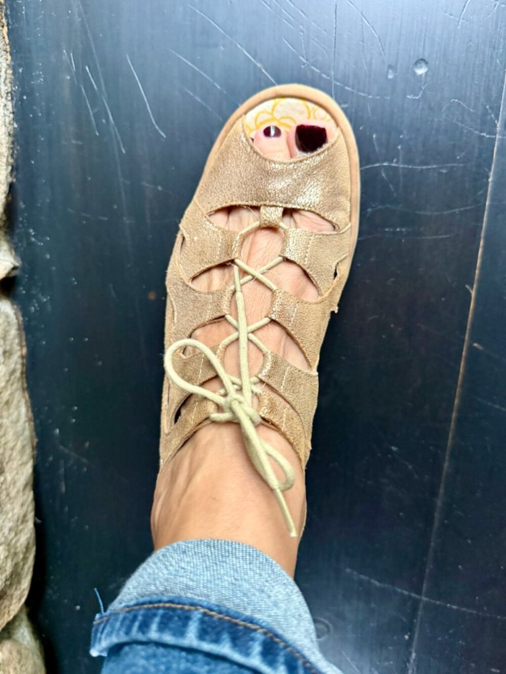 Fly London Gold Leather Gladiator Platform Wedge Sandal. Size 8.5. $45